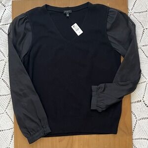 Talbots Petite Puff Sleeve Sweater Blouse Black V-Neck Mixed Media NWT PM Sheer